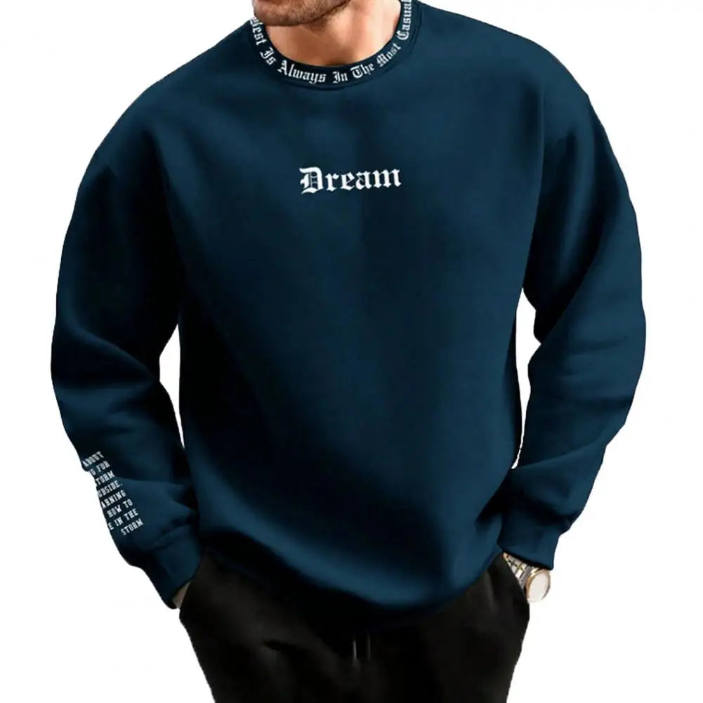 Men's Fall Winter Sweatshirt round Neck Long Sleeve Men Top Letter Print Thick Loose Warm Mid Length Men Casual Top