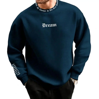 Men's Fall Winter Sweatshirt round Neck Long Sleeve Men Top Letter Print Thick Loose Warm Mid Length Men Casual Top