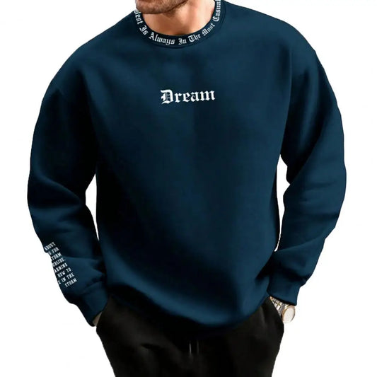 Men's Fall Winter Sweatshirt round Neck Long Sleeve Men Top Letter Print Thick Loose Warm Mid Length Men Casual Top