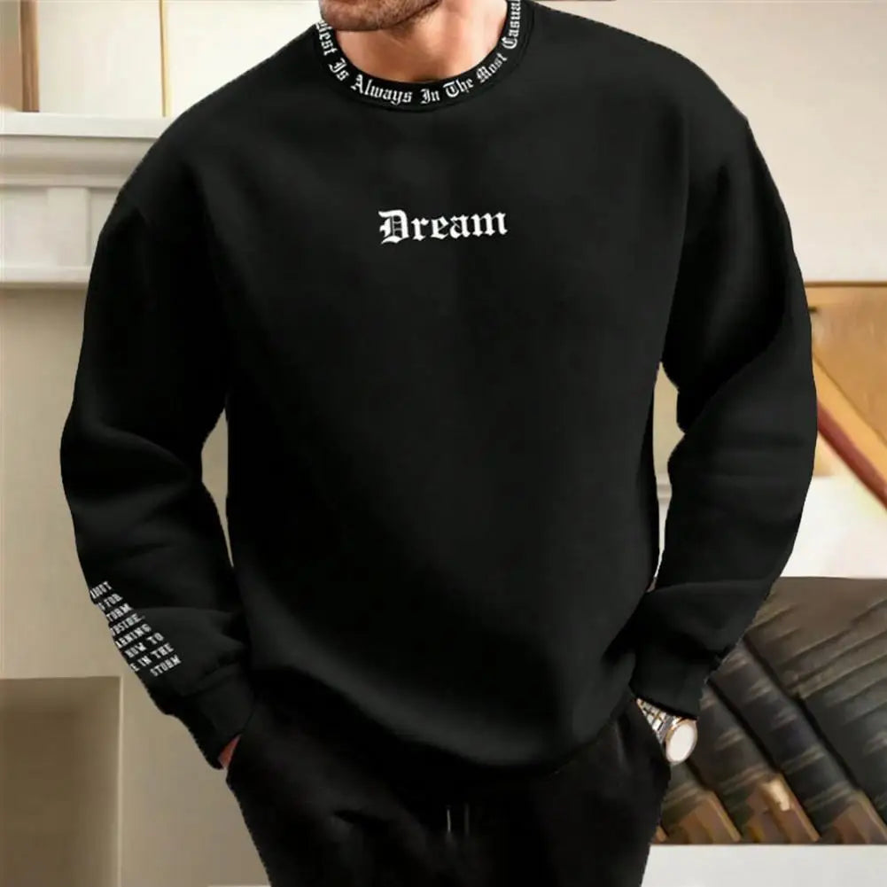 Men's Fall Winter Sweatshirt round Neck Long Sleeve Men Top Letter Print Thick Loose Warm Mid Length Men Casual Top