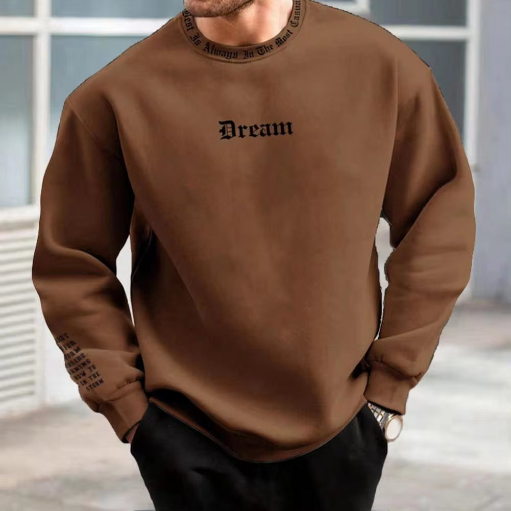 Men's Fall Winter Sweatshirt round Neck Long Sleeve Men Top Letter Print Thick Loose Warm Mid Length Men Casual Top