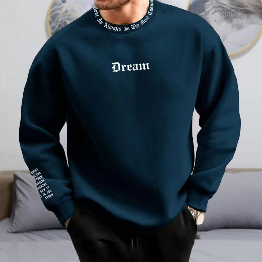 Men's Fall Winter Sweatshirt round Neck Long Sleeve Men Top Letter Print Thick Loose Warm Mid Length Men Casual Top