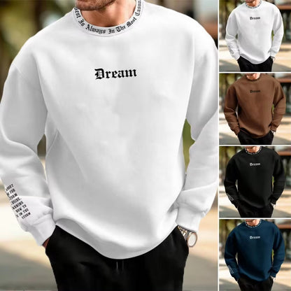 Men's Fall Winter Sweatshirt round Neck Long Sleeve Men Top Letter Print Thick Loose Warm Mid Length Men Casual Top