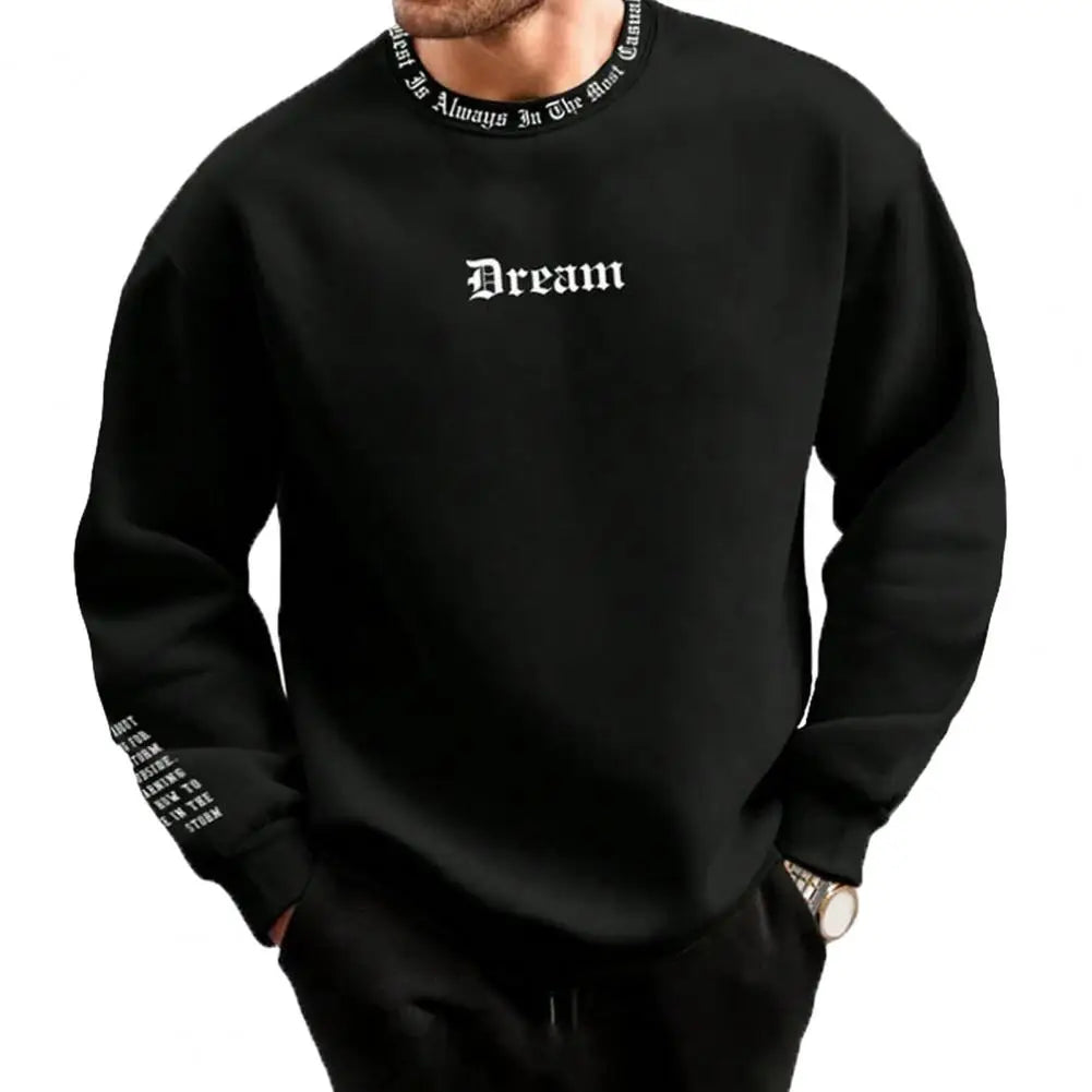 Men's Fall Winter Sweatshirt round Neck Long Sleeve Men Top Letter Print Thick Loose Warm Mid Length Men Casual Top