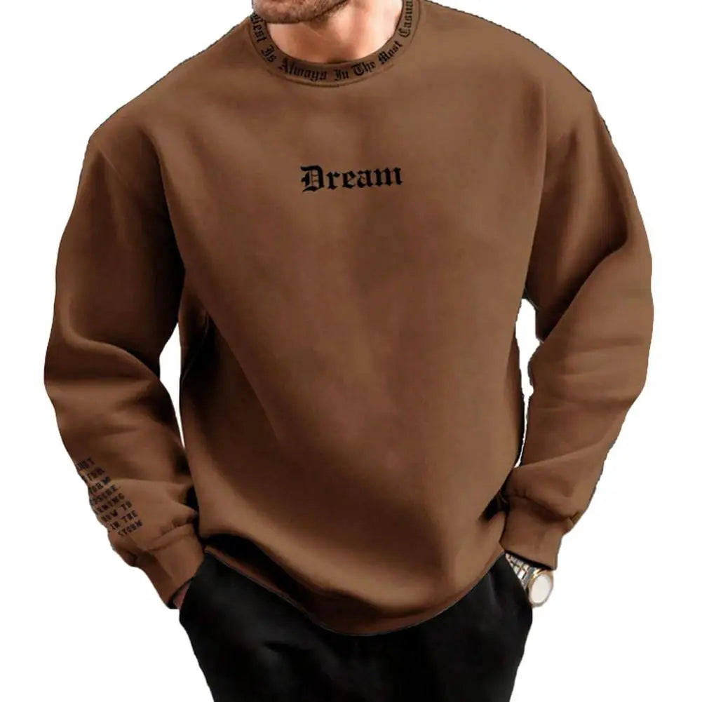 Men's Fall Winter Sweatshirt round Neck Long Sleeve Men Top Letter Print Thick Loose Warm Mid Length Men Casual Top